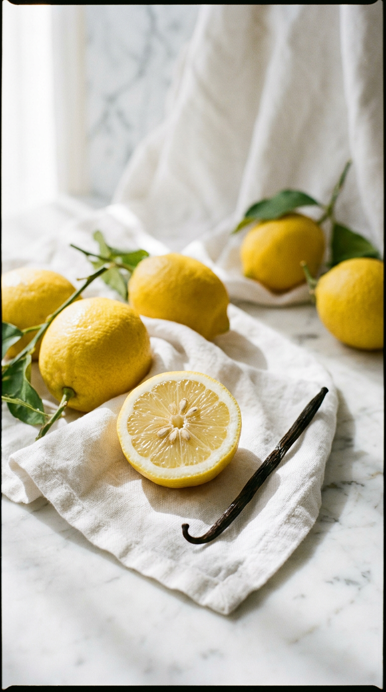 Sicilian lemons on folded white linen beside a vanilla pod