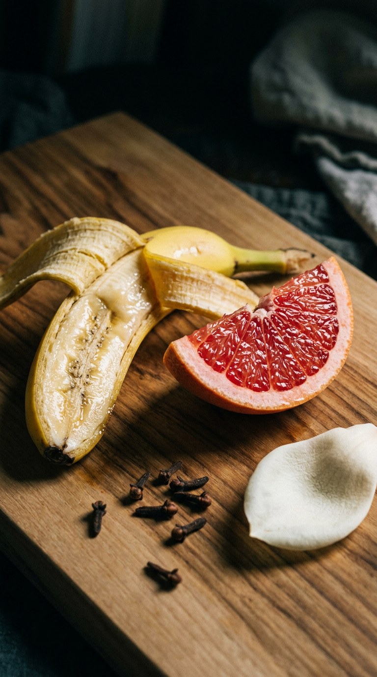 A single, elegant slice of fresh banana layered with peeled grapefruit segments, a dollop of fresh vanilla cream, and a sprinkle of crushed black pepper on a matte ceramic plate. Shot on 35mm film, Kodak Portra 160, vertical 9:16 portrait format, 50mm lens. Natural directional window light casts soft, elegant shadows across the plate, creating an editorial luxury still life. The focus is sharp, highlighting the wet, juicy texture of the citrus against the thick, smooth cream. The palette is vivid and appetizing.