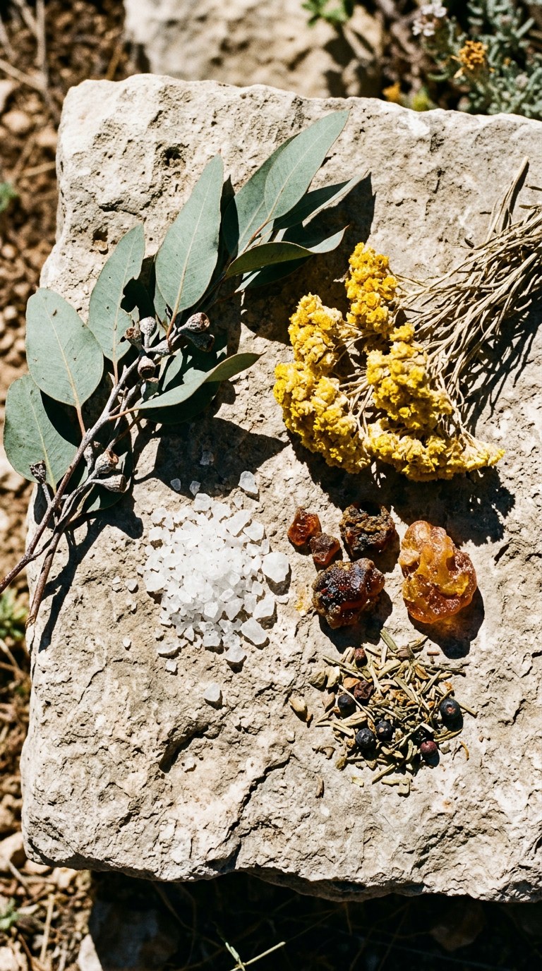 Still life of eucalyptus leaves, golden immortelle flowers, and sea salt crystals on rough limestone.