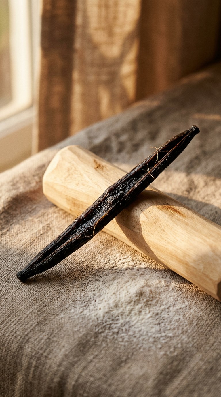 Vanilla bean and sandalwood bathed in warm golden hour light.