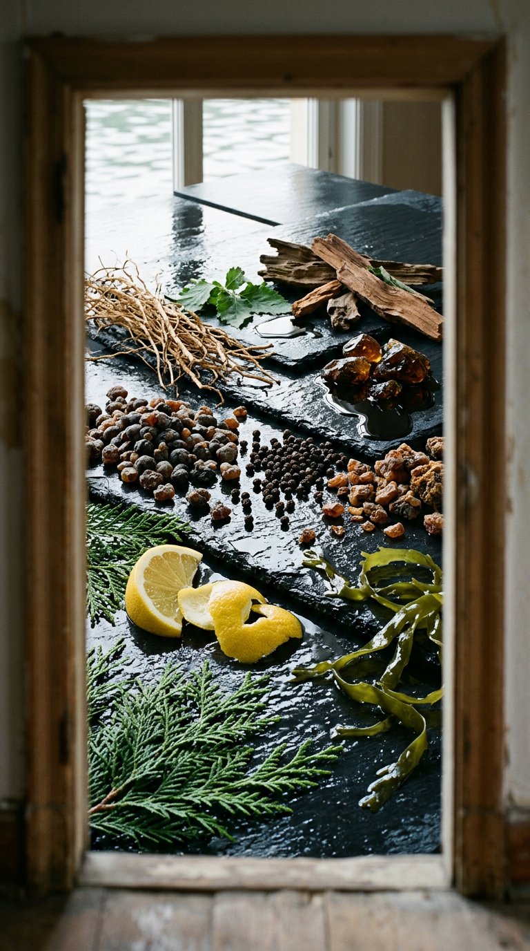 sea salt, grapefruit peel and wet pebbles