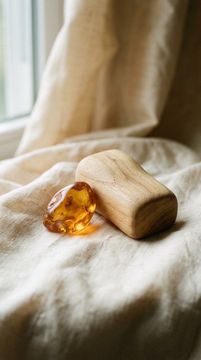 Smooth blond sandalwood and glowing amber resin resting on warm-toned silk.