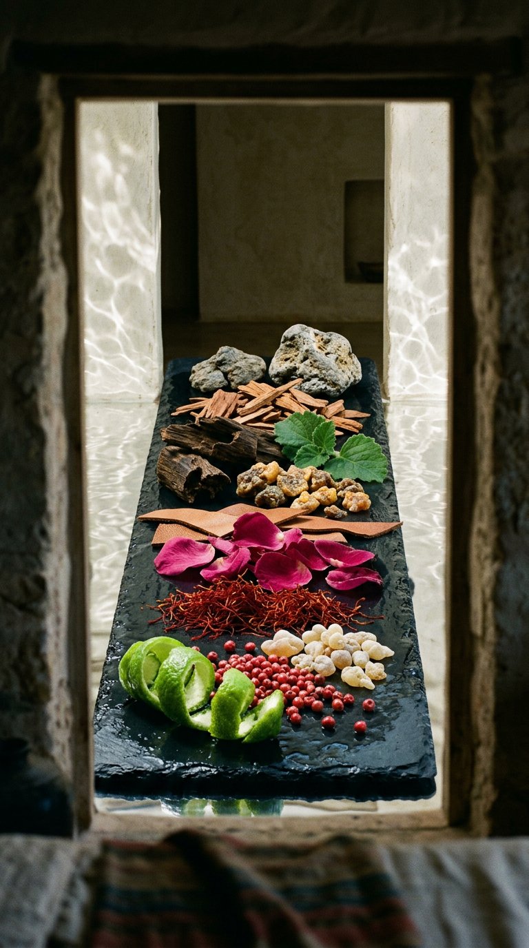 whole spices scattered on aged brass