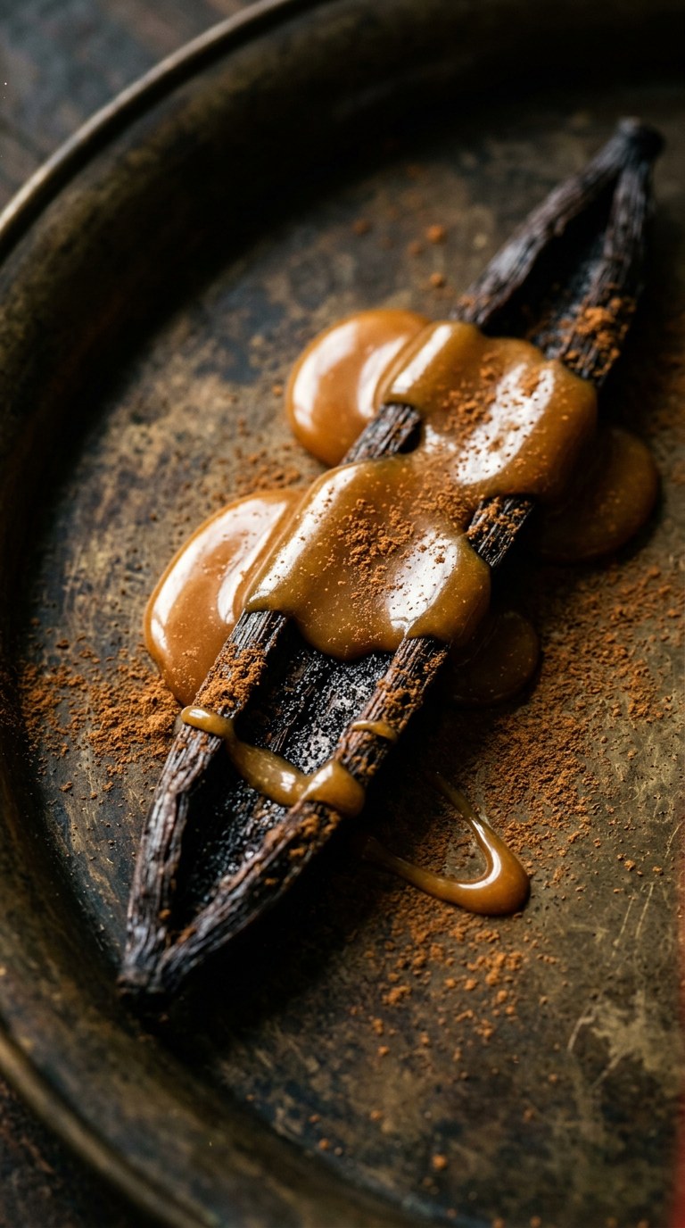 Glossy golden caramel drizzled over a raw vanilla bean pod and dusted with cinnamon on a brass tray.