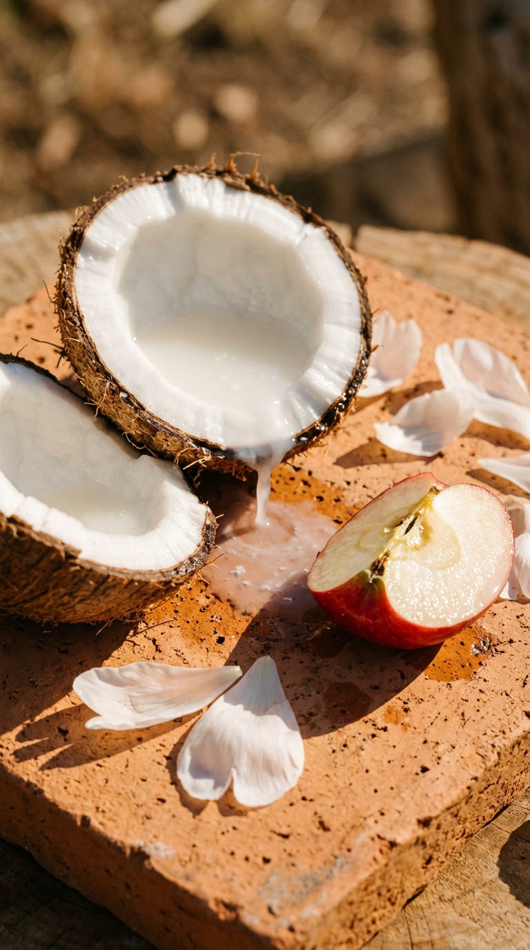 A split coconut, crisp apple slice, and white peony petals on a sun-warmed terracotta slab.