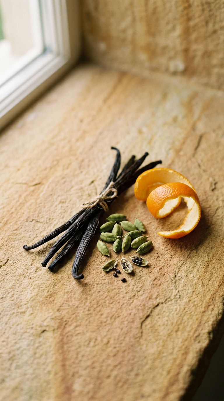 vanilla pods, cardamom and a curl of orange peel on warm stone