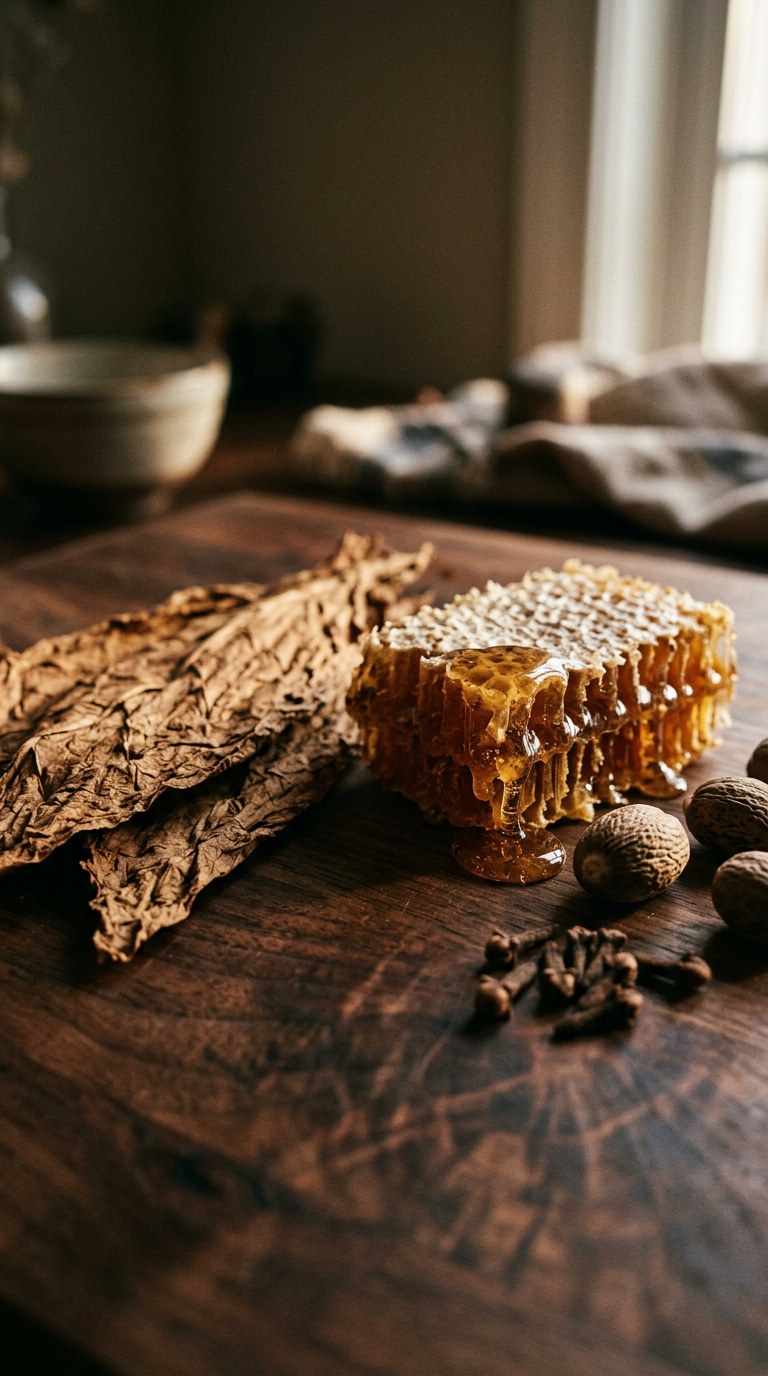 Still life of cured tobacco leaves, honeycomb, and whole spices on dark walnut wood.