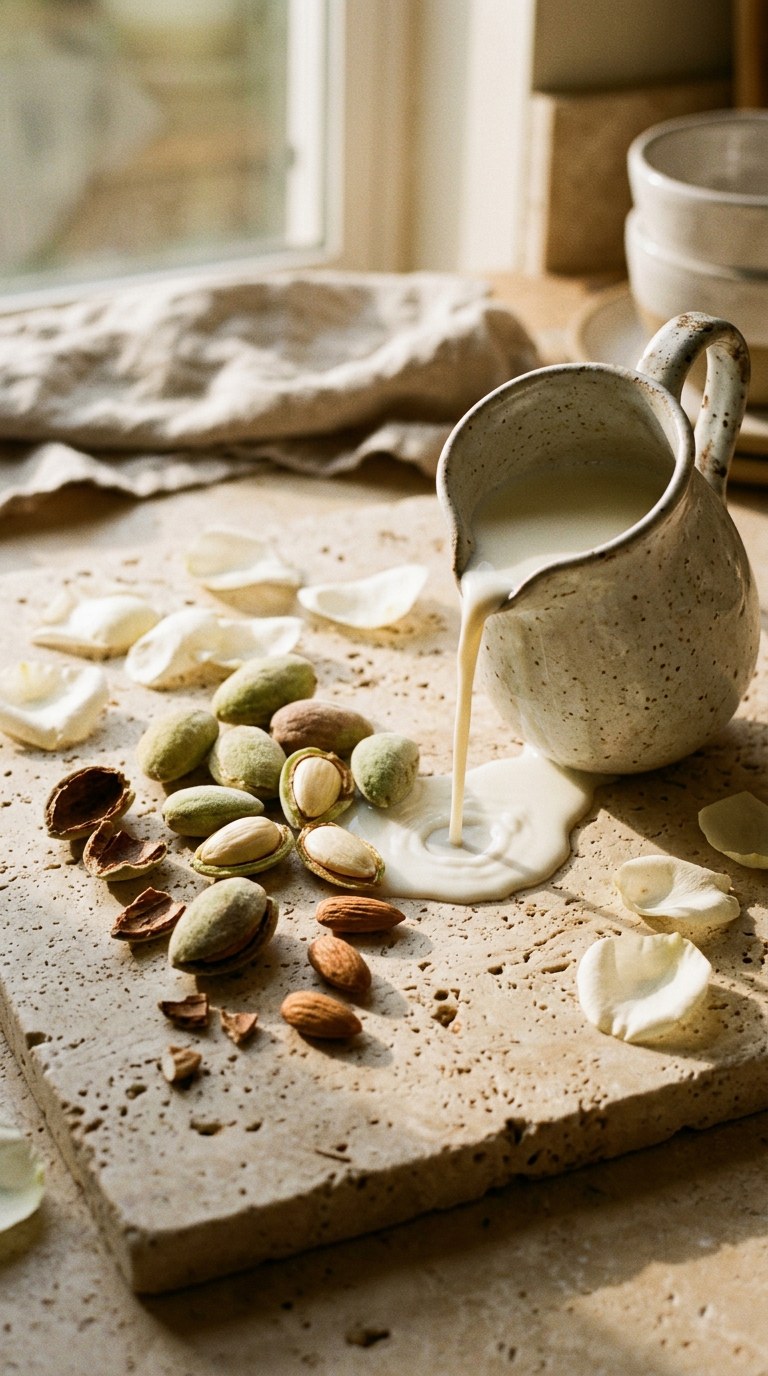 Still life of fresh cracked almonds and spilled milk on a travertine stone surface.