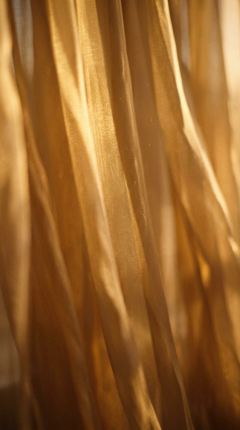 Abstract view of sheer amber silk illuminated by glowing, honey-colored light filtering through the air.