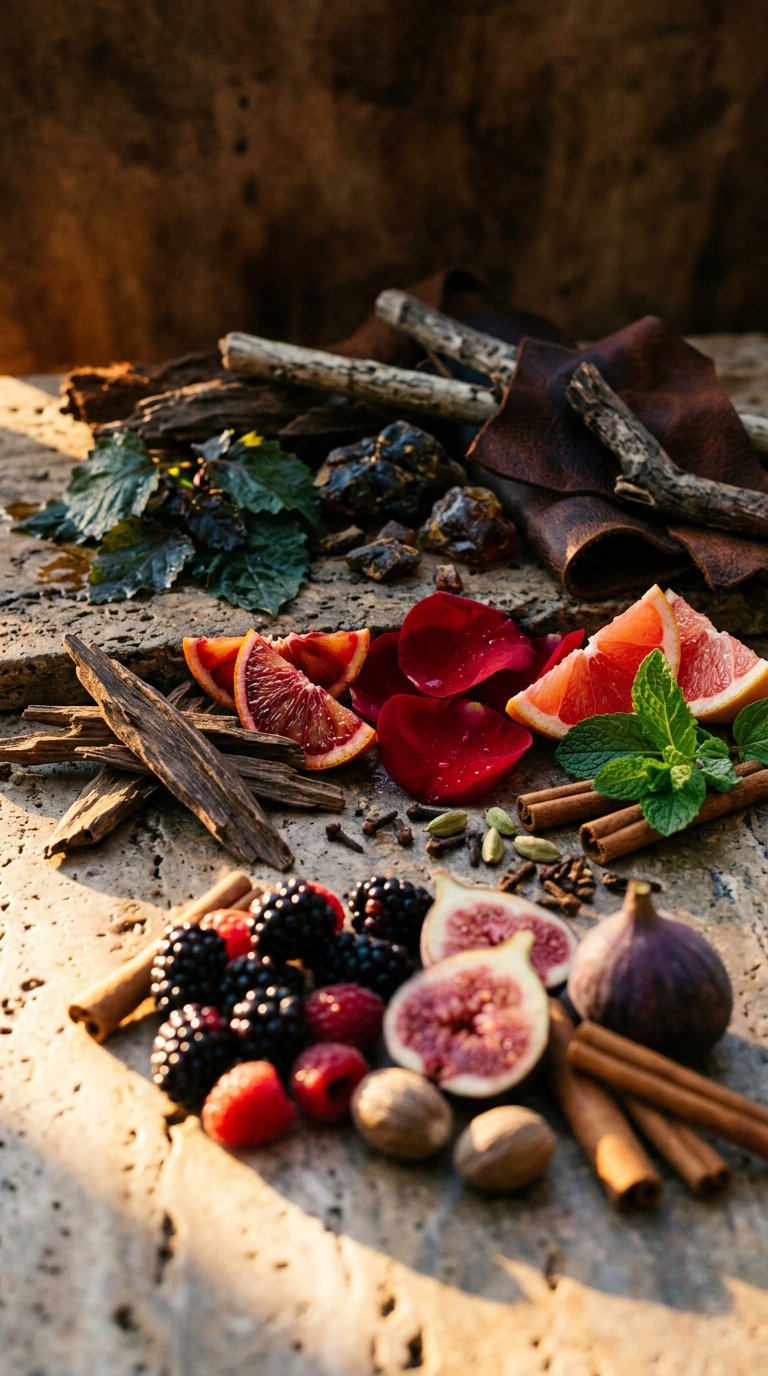 whole spices scattered on aged brass