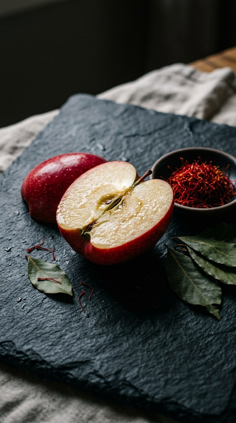 A sliced ripe apple with saffron threads and bay leaves on slate.