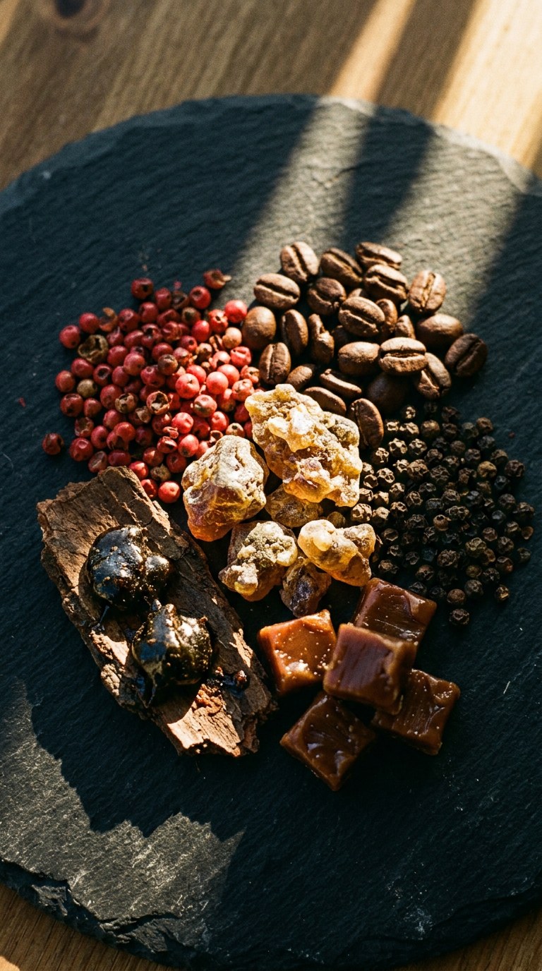 whole spices scattered on aged brass