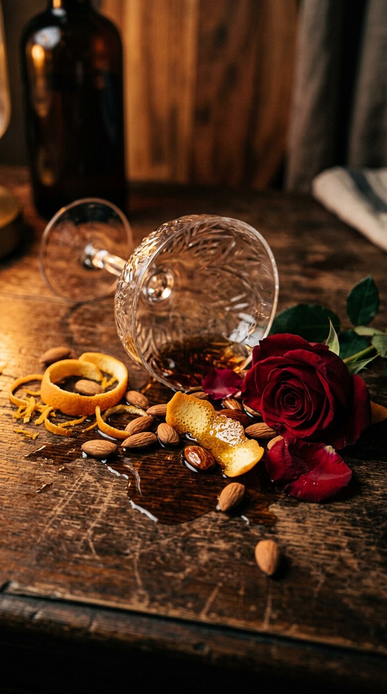 Spilled dark rum, almonds, orange peels, and a red rose on vintage oak.