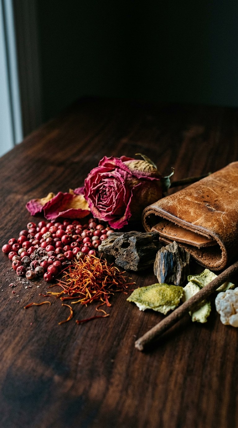 whole spices scattered on aged brass