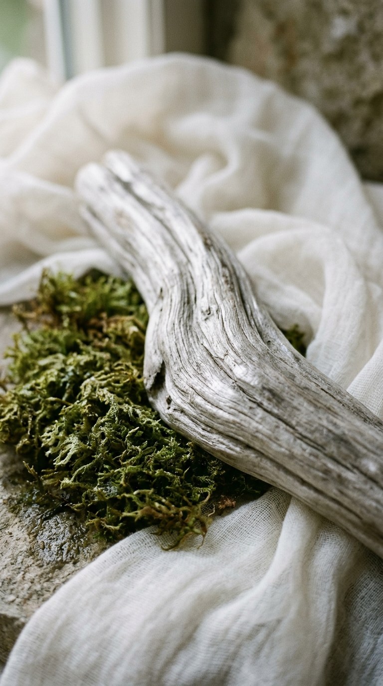 Smooth driftwood resting on damp green oakmoss and draped white muslin cloth.