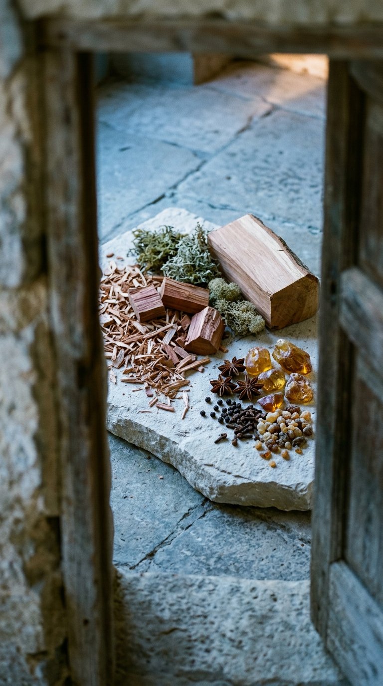 cedar shavings, sandalwood and moss on slate