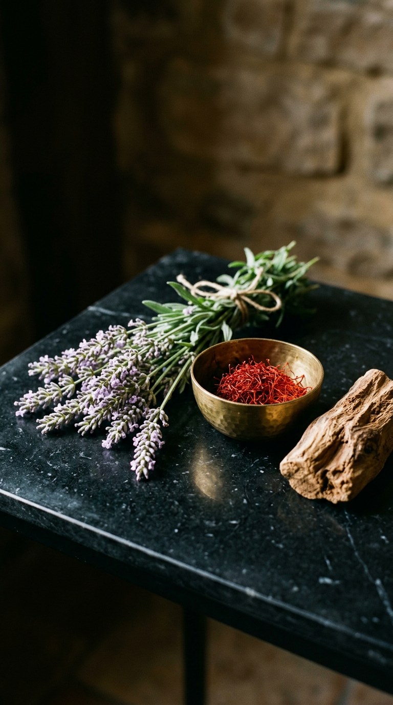35mm film photography, vertical 9:16. A minimalist arrangement on a raw concrete pedestal. Bright crimson saffron threads scattered across a smooth, pale wedge of cedarwood, accompanied by a single sprig of dried lavender. Warm, directional sunlight casts long, elegant shadows across the composition. Shot on Kodak Portra 160, crisp focus, hyper-realistic, earthy yet deeply luxurious.