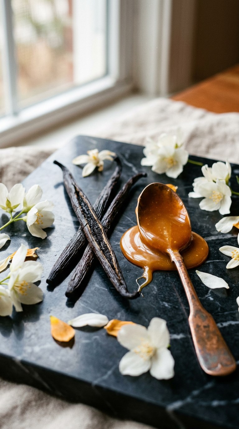 Dripping caramel from a copper spoon, vanilla beans, and white floral petals on dark marble.