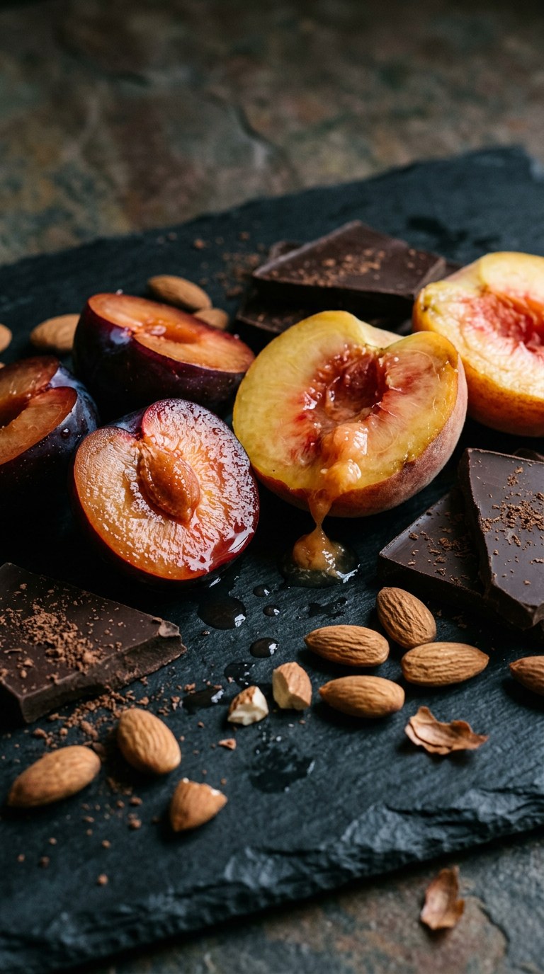 Still life of ripe plums, peaches, almonds, and chocolate shards on a dark slate surface.
