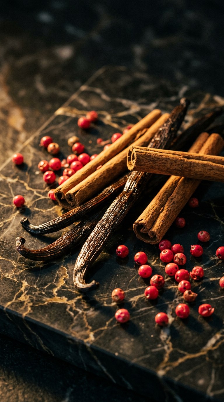 Still life of vanilla pods, cinnamon sticks, and pink peppercorns on dark marble.