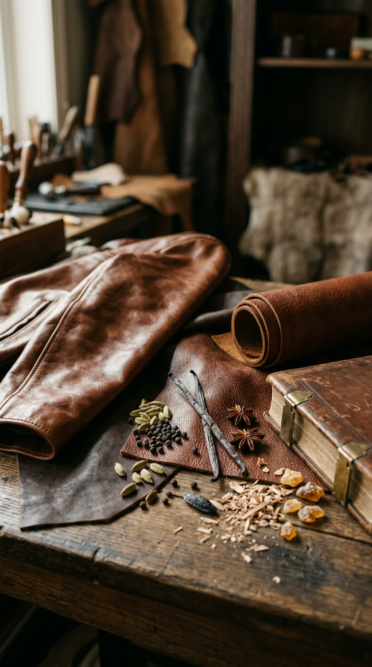 saffron threads and a glass of amber rum on dark leather