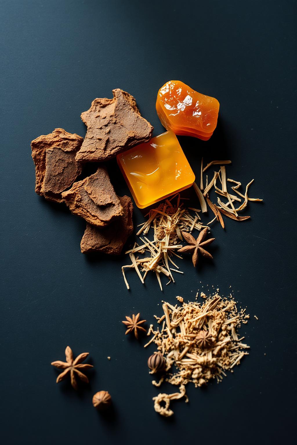 Oud chips, amber resin and cedar shavings on dark slate