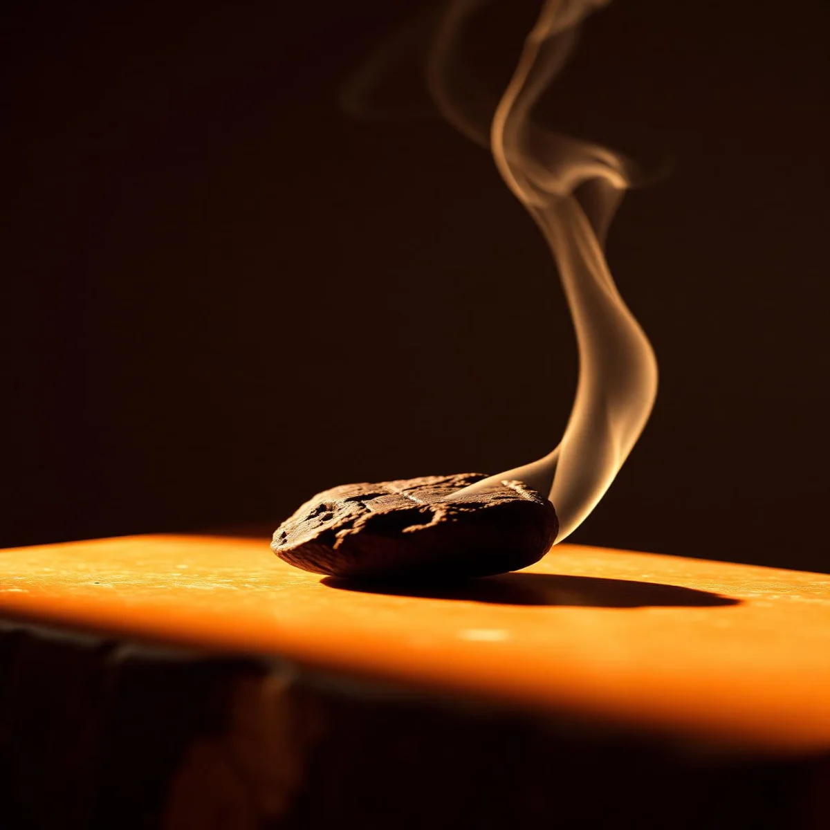 A single chip of agarwood smoking on warm amber-lit stone