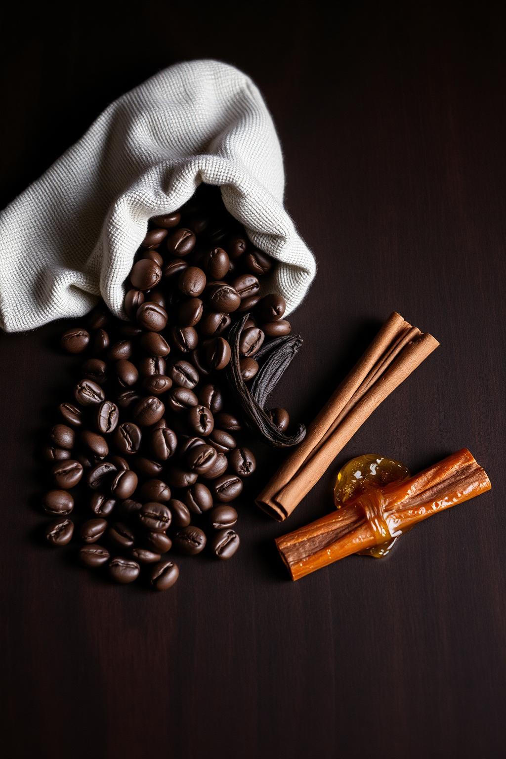 Roasted coffee beans, a vanilla pod, cinnamon bark and amber resin