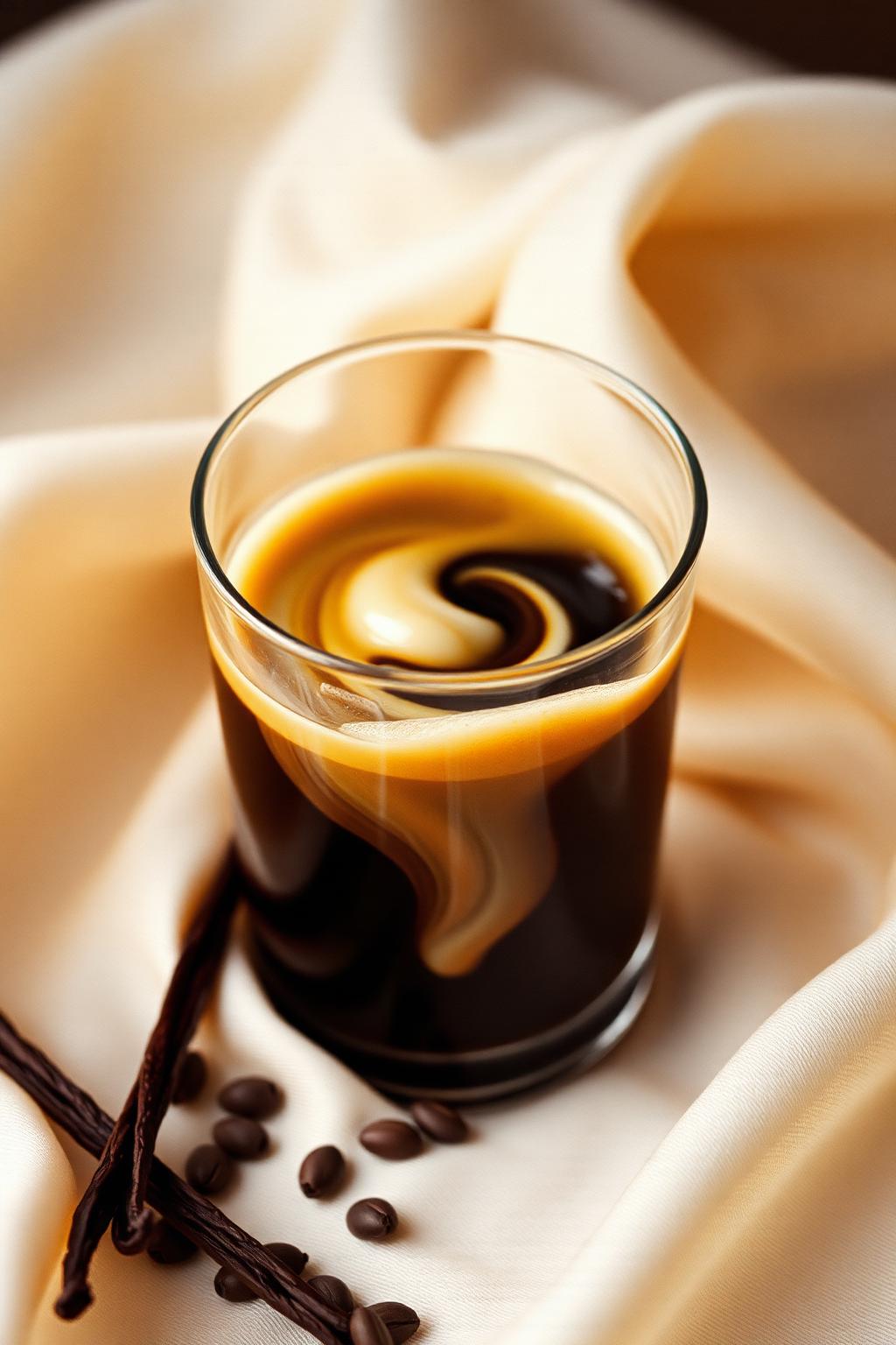Cream swirling into dark coffee beside vanilla seeds and pale silk