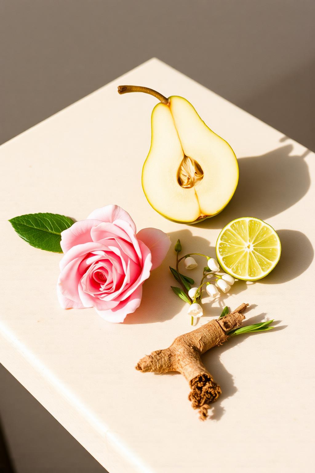 A halved pear, cut lime, pink rose and lily of the valley on limestone