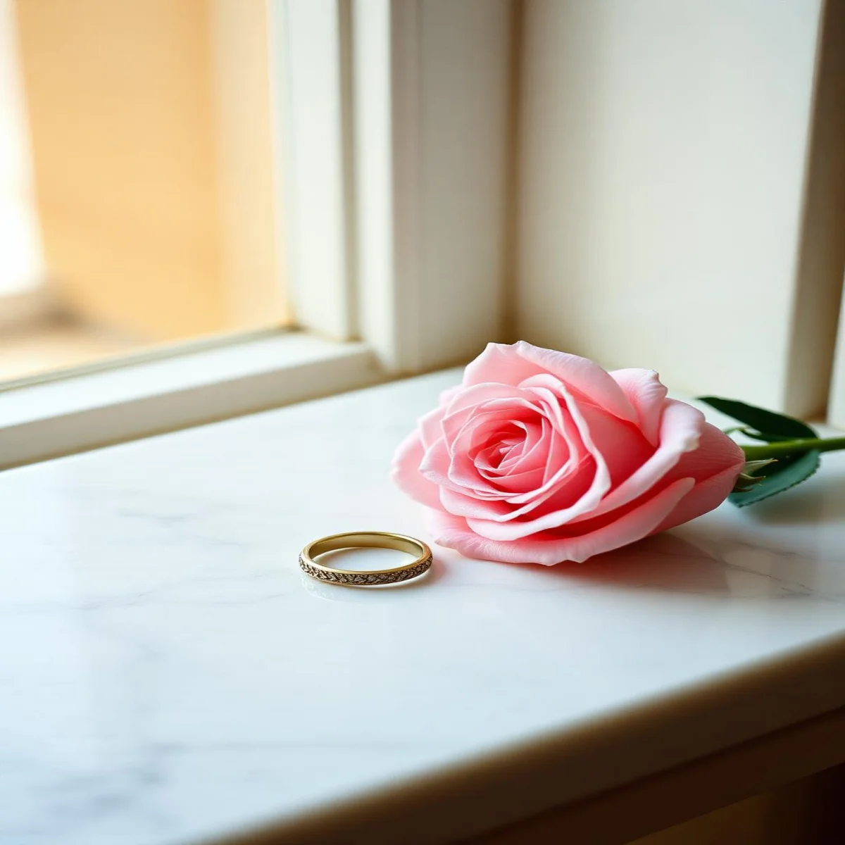 An antique gold ring beside a blush rose on a sunlit marble ledge