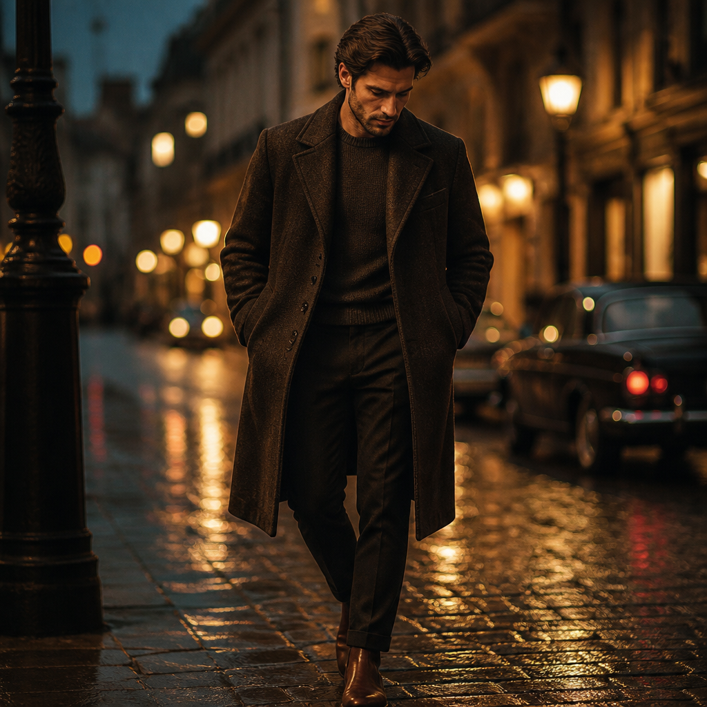 A man in a black leather jacket on a rain-slicked street at night