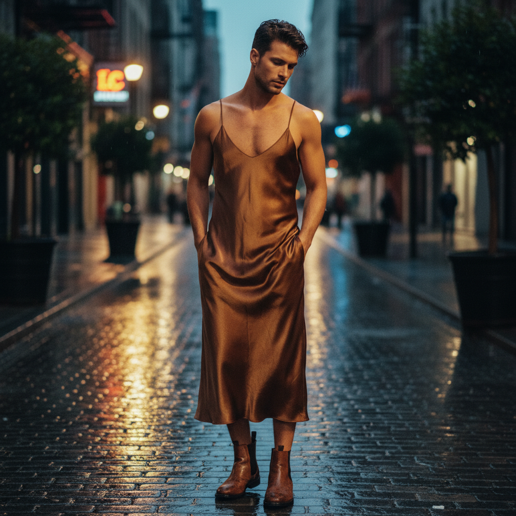 A man in a black leather jacket on a rain-slicked street at night