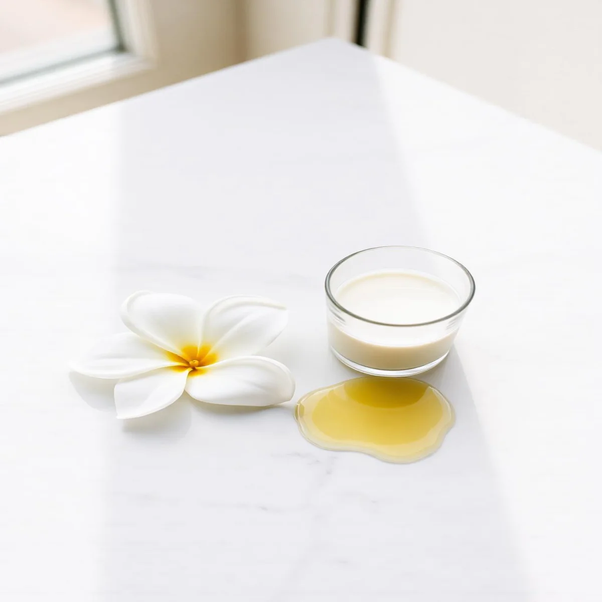 Frangipani and jasmine beside a glass of milk and monoi oil