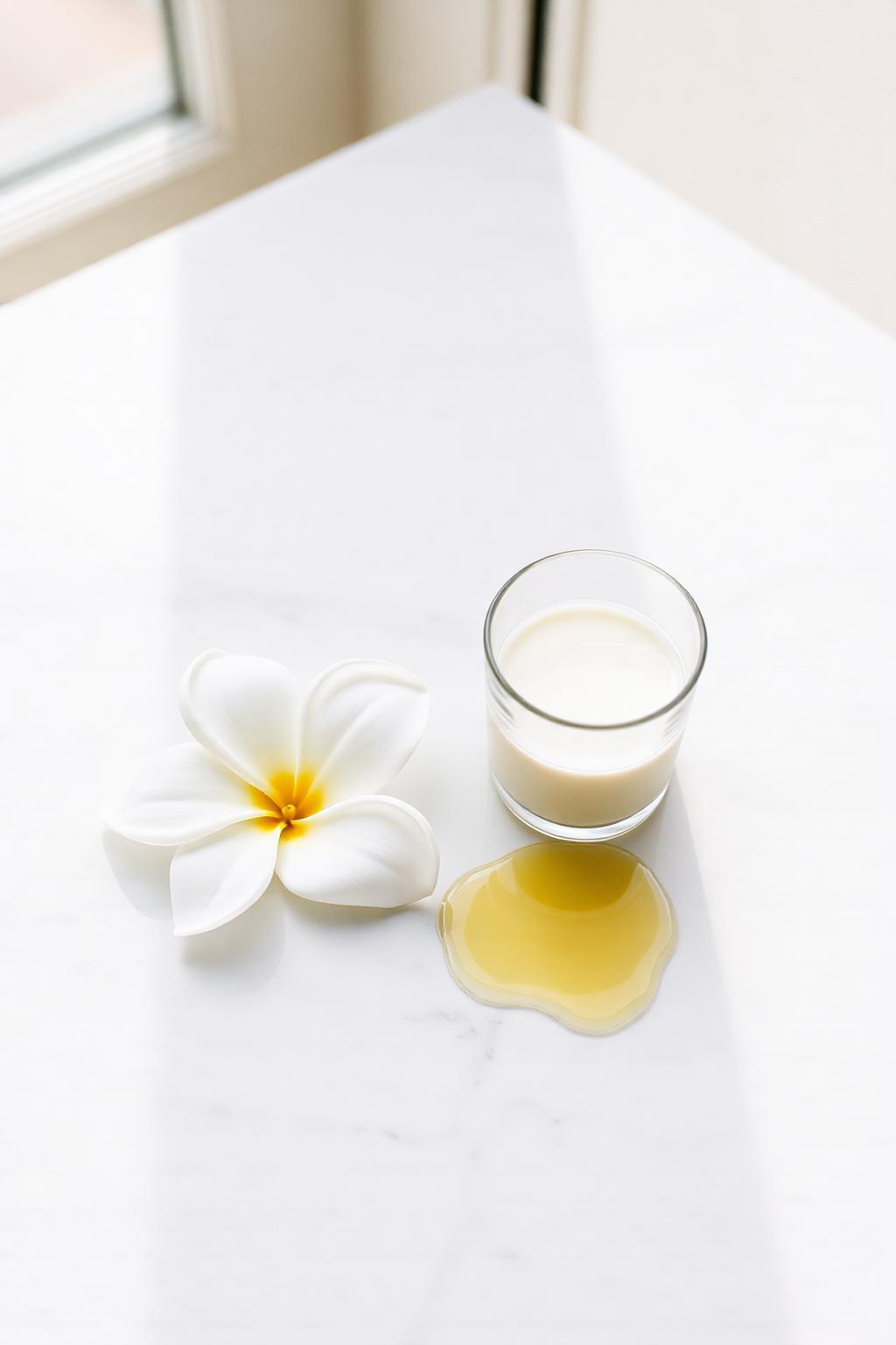 Frangipani and jasmine beside a glass of milk and monoi oil