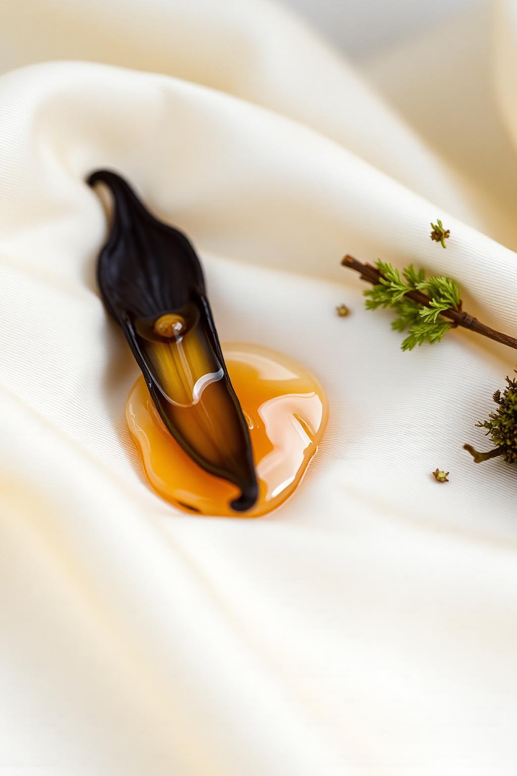 A split vanilla pod and amber melting over sandalwood on cream silk