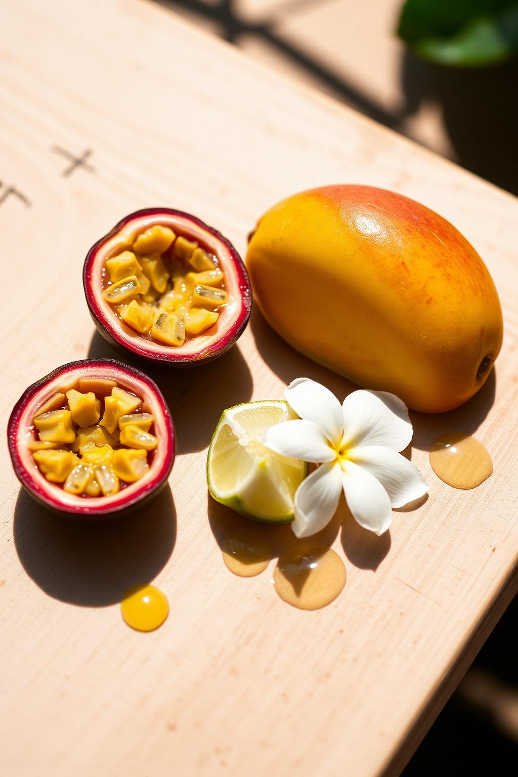 Passion fruit, mango, lime and white tiare blossoms on pale wood