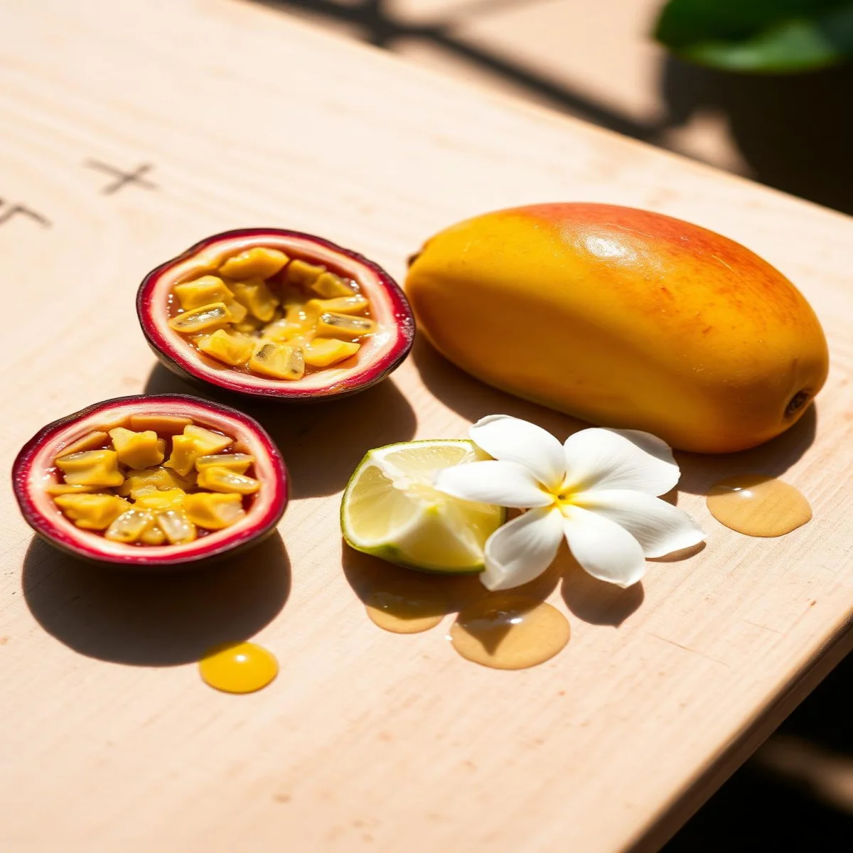 Passion fruit, mango, lime and white tiare blossoms on pale wood