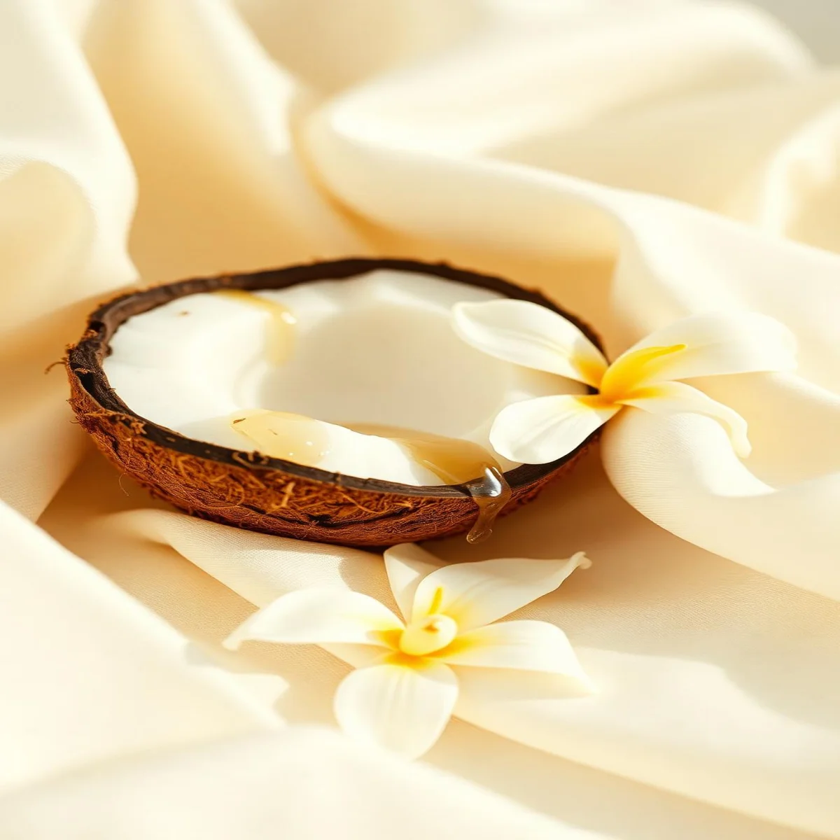 Coconut, white petals and golden amber oil on cream silk